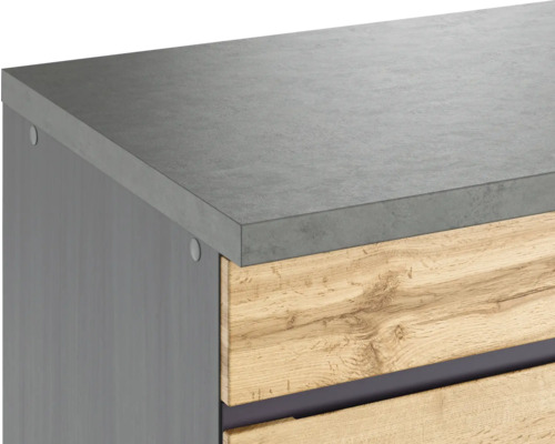 Vue détaillée d''un meuble sous-lavabo avec un plan de travail gris et une façade en bois