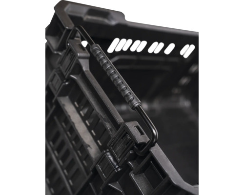 Detailansicht einer schwarzen Kunststoff-Faltbox mit Griff