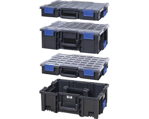 Quatre boîtes de rangement noires avec couvercles transparents et fermetures bleues