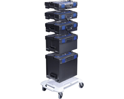 Mallettes à outils empilables et planche à roulettes pour le stockage et le transport