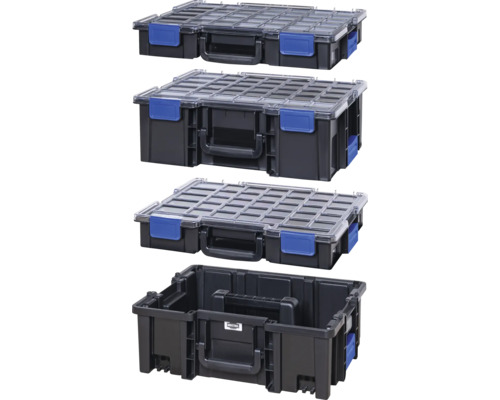 Boîte à outils empilable avec couvercle transparent