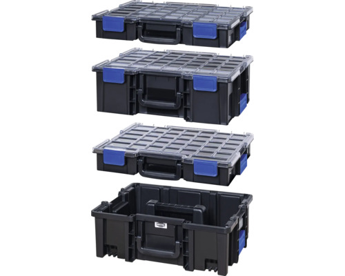 Boîte de rangement empilable avec couvercle transparent et poignée de transport, quatre vues.