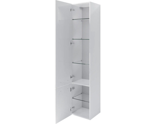 Offener, weisser Hochschrank mit Glasböden