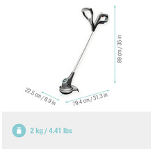 Rasentrimmer mit Massangaben zur Grösse und zum Gewicht