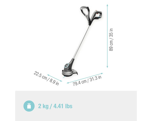 Rasentrimmer mit Massangaben zur Grösse und zum Gewicht