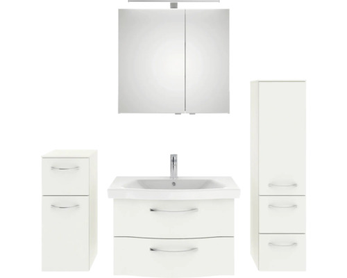 Ensemble de salle de bains avec lavabo, armoire de toilette et armoires hautes