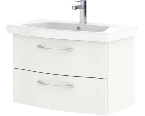 Meuble sous-lavabo avec deux tiroirs et lavabo avec robinetterie incluse.