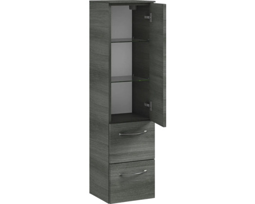 Meuble de salle de bains avec deux tiroirs et compartiment ouvert avec étagères en verre