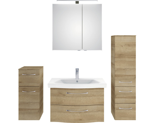 Badezimmermöbelset mit Waschtisch, Spiegelschrank, Waschbecken und Seitenschränken