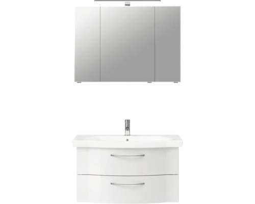 Waschbeckenunterschrank mit zwei Schubladen und Spiegelschrank mit Beleuchtung