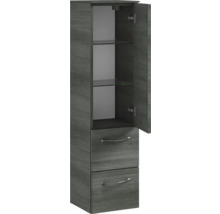 Armoire haute avec deux tiroirs et une porte ouverte avec étagères en verre