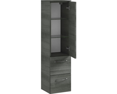 Armoire haute avec deux tiroirs et une porte ouverte avec étagères en verre