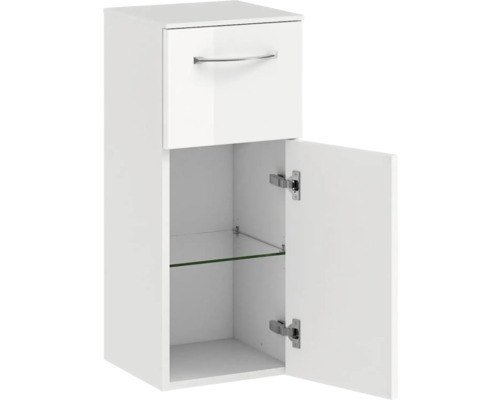 Armoire suspendue avec tiroir et porte ouverte avec étagère en verre