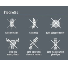 Propriétés: sans céréales, sans soja, sans sucre ajouté, avec des antioxydants, sans colorants ni conservateurs, sans manipulation génétique