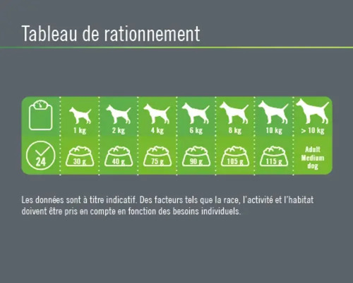 Tableau des rations alimentaires pour chiens selon le poids et la portion quotidienne