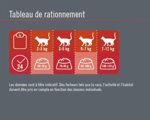 Tableau de rationnement pour chats avec indication du poids