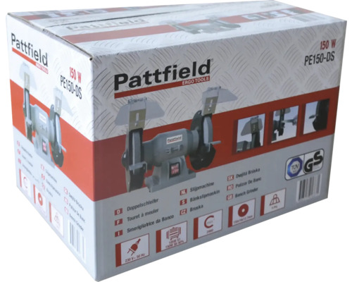 Verpackung eines Pattfield Doppelschleifers mit 150 Watt Leistung