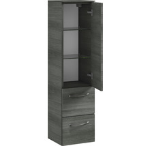 Armoire haute avec deux tiroirs et un compartiment ouvert avec deux étagères en verre