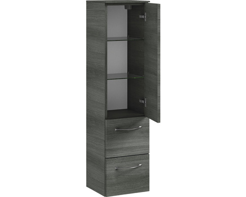 Armoire haute avec deux tiroirs et un compartiment ouvert avec deux étagères en verre