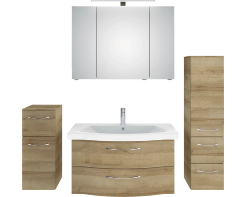 Komplettes Badezimmerset mit Spiegelschrank, Waschtischunterschrank und zwei Seitenschränken