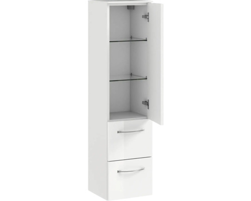 Armoire haute de salle de bain blanche avec étagère ouverte et tiroirs