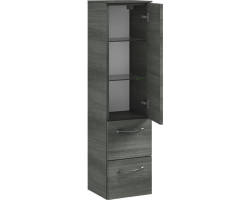 Armoire haute avec deux tiroirs et un compartiment ouvert avec étagères en verre