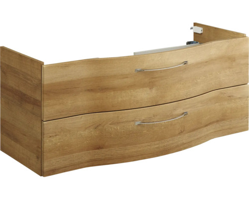 Meuble sous-lavabo couleur bois avec deux tiroirs et poignées