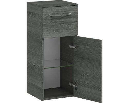 Meuble haut gris avec tiroir et porte ouverte avec étagère en verre