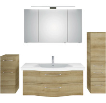 Ensemble de salle de bains avec meuble-lavabo, armoire de toilette à miroir et armoires latérales au design bois