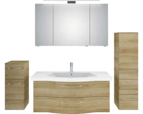 Ensemble de salle de bains avec meuble-lavabo, armoire de toilette à miroir et armoires latérales au design bois
