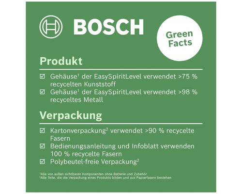 Bosch Logo. Informationen zu Produkt und Verpackung mit Angabe des Anteils an recycelten Materialien.