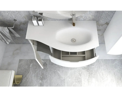 Salle de bains avec meuble sous-lavabo, tiroir ouvert et robinetterie