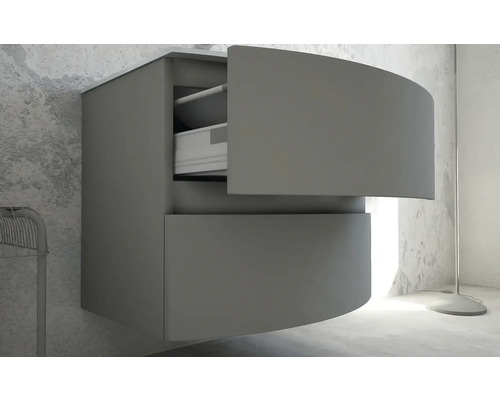 Grauer Badezimmer-Waschtisch mit zwei Schubladen, wobei die obere Schublade geöffnet ist