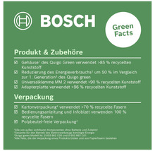 Bosch Green Facts: Informationen zu Produkt, Zubehör und Verpackung mit Angaben zu recycelten Materialien und Energieverbrauch.