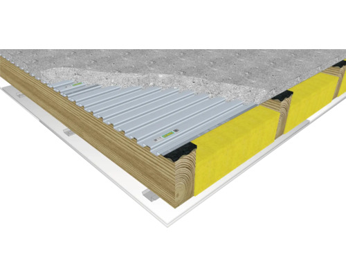 Illustration d''une structure de toit avec tôle trapézoïdale, isolation et construction en bois