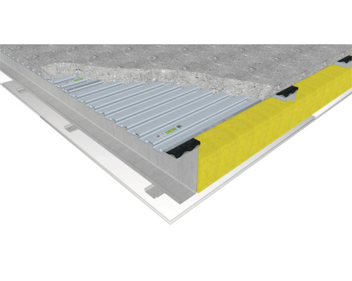 Coupe transversale d''une structure de toit avec plafond en béton, tôle trapézoïdale, laine isolante et structure porteuse