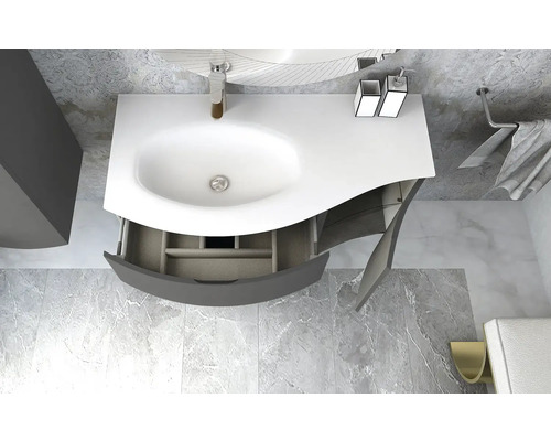 Meuble-lavabo de salle de bains avec tiroir ouvert et meuble bas gris