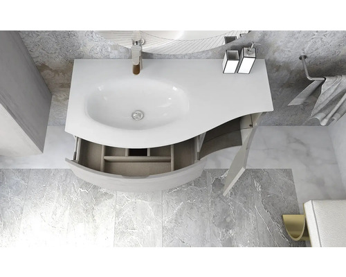 Meuble-lavabo avec meuble bas ouvert et robinetterie dans une salle de bain