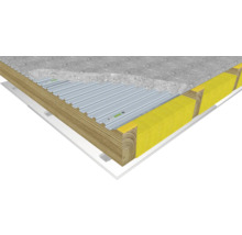 Construction de toit avec plafond en béton, tôle trapézoïdale, laine isolante et construction en bois
