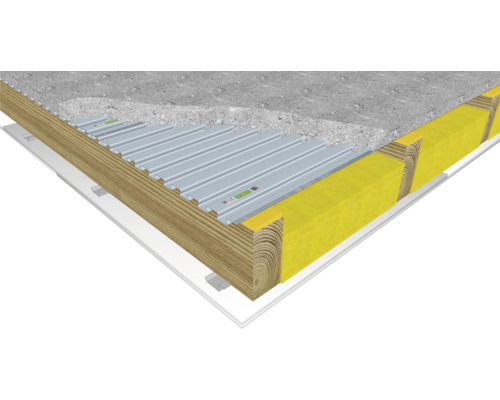 Construction de toit avec plafond en béton, tôle trapézoïdale, laine isolante et construction en bois