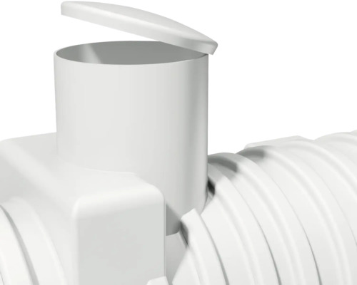 Vue détaillée d''un puits d''infiltration en plastique avec tuyau d''inspection et couvercle