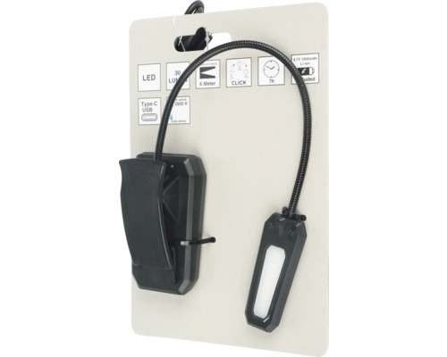 Lampe à pince LED avec col flexible, intensité lumineuse de 30 lumens et port USB