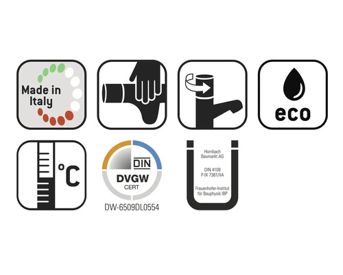 Produkt hergestellt in Italien, Symbol für Rohrmontage, Wassersparend, Temperaturanzeige, DIN DVGW Zertifikat, Hornbach Baumarkt AG Siegel
