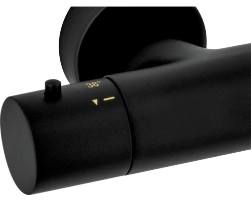 Detailansicht eines schwarzen Thermostatventils mit Temperaturanzeige und Sicherheitsknopf