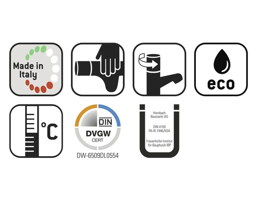 Hergestellt in Italien Symbol, Montagehinweis Symbol, Wassersparfunktion Symbol, Eco Symbol, Temperaturbereich Symbol, DIN DVGW CERT Zeichen, Hornbach Baumarkt AG Logo