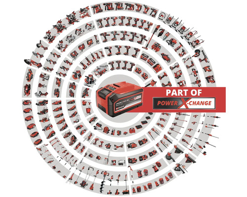 Ein Akku im Zentrum eines Kreises, umgeben von einer Vielzahl von Werkzeugen als Teil der Power X-Change Serie.