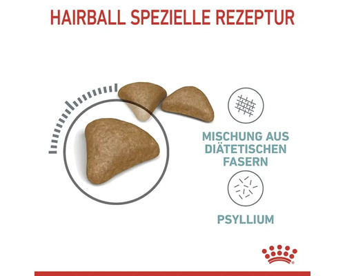 Abbildung von Katzenfutter mit spezieller Rezeptur gegen Haarballen, angereichert mit Ballaststoffen und Psyllium