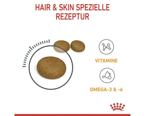 Hunde Trockenfutter mit spezieller Rezeptur für Haut und Fell, angereichert mit Vitaminen sowie Omega-3- und Omega-6-Fettsäuren