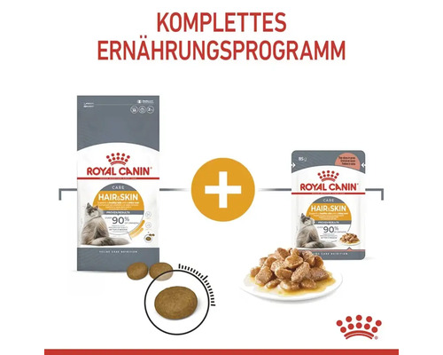 Komplettes Ernährungsprogramm für Katzen von Royal Canin zur Unterstützung von Haut und Fell, bestehend aus Trocken- und Nassfutter