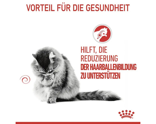 Katze putzt sich, Text: Hilft, die Reduzierung der Haarballenbildung zu unterstuetzen